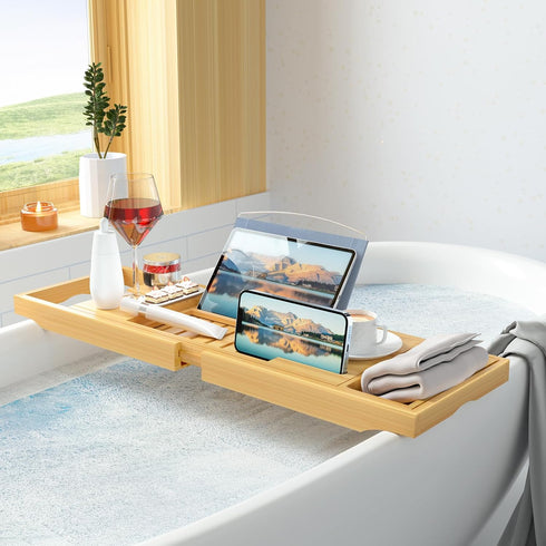 Sen Yi Bao Bamboo Luxury Bathtub Caddy Tray - Expandable Wood Bath Tray with Integrated Tablet, Smartphone, Wine Holder