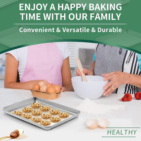HKJ Chef Baking Sheets Set of 2 - Stainless Steel Cookie Sheets & Toaster Oven Tray Pans, Non Toxic & Easy Clean