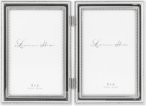 Lawrence Frames 4 by 6-Inch Hinged Double Metal Picture Frame, Silver-Plate with Delicate Beading (Vertical)