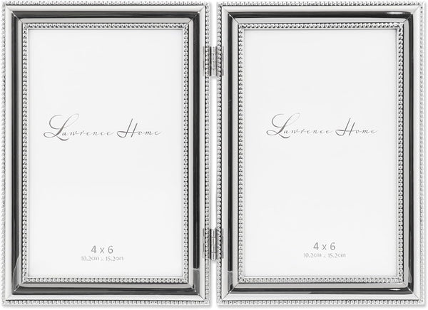 Lawrence Frames 4 by 6-Inch Hinged Double Metal Picture Frame, Silver-Plate with Delicate Beading (Vertical)