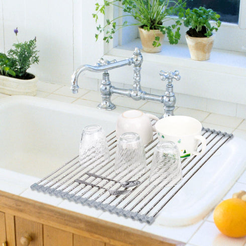 Roll-Up Sink Drying Rack, 17.7"(L) x 13.8"(W) - Gray Multipurpose Heat Resistant Over The Stainless Steel & Silicone