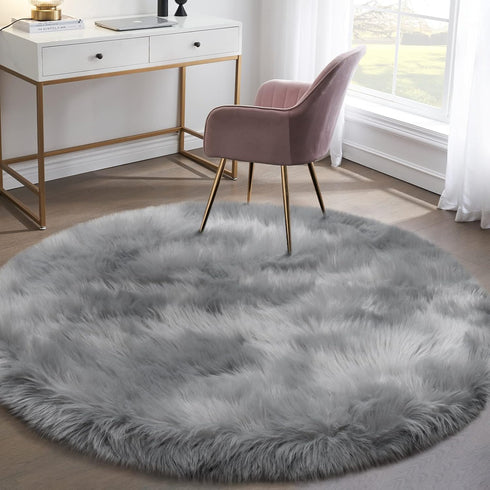 Grey Faux Fur Rug - Fluffy Round Rug for Bedroom, Kids Room, 3X3 Soft Gray Shag Circular Carpet for Nursery