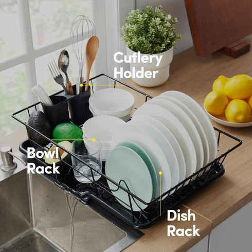 Space-Saving 3-Piece Dish Drainer Rack Set with Cutlery Holder, Maximize Countertop Space, Black