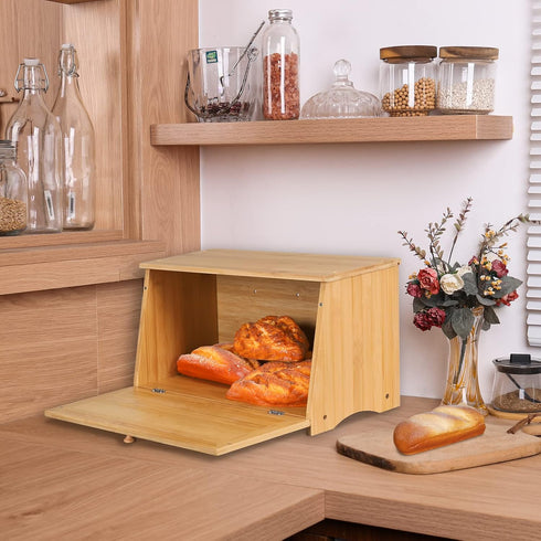 HOMEKOKO Vintage Large Wood Bread Box for Kitchen Counter, Retro Design, Single Layer Bamboo Food Storage Bin