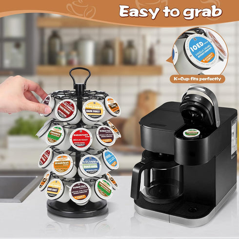 K Cup Holders Carousel, Coffee Pods Storage Organizer Stand (Black, 32 Pods Capacity K/D Design)