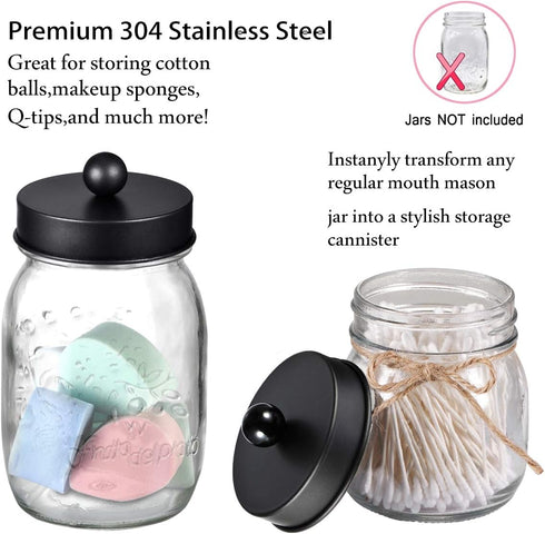Mason Jar Bathroom Accessories Lids Set (4pcs) - Soap Dispenser, Toothbrush Holder, Apothecary Jars Lids - Black