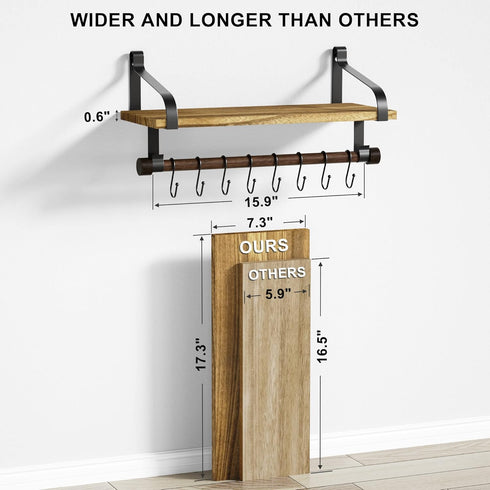 Love-KANKEI Floating Shelf, Rustic Wood Kitchen Spice Rack with Towel Bar and 8 Removable Hooks for Utensils