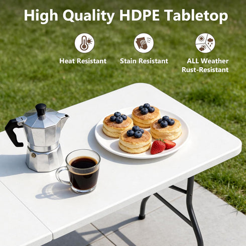 6 Folding Table, FT Foldable Plastic Table with Carrying Handle, Heavy Duty Portable Fold-in-Half Utility Table
