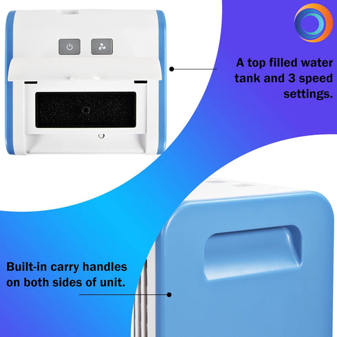 Comfort Zone CZAC10BL Mini Portable Air Conditioner, 3-Speed Personal Evaporative Cooler with Top-Fill Water Tank, Blue
