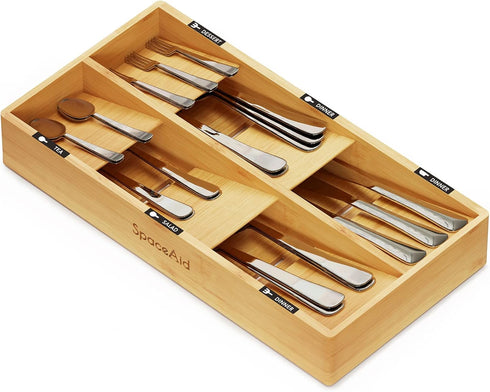 SpaceAid Bamboo Silverware Drawer Organizer: Kitchen Utensil Tray Holder with Labels, 6 Slots