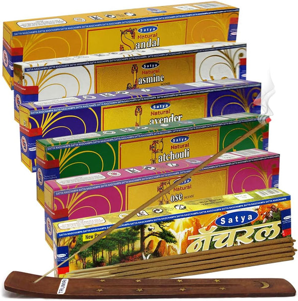 Satya Incense Sticks Variety Pack #1 - Incense Stick Holder Bundle with 6 Natural Series Fragrances