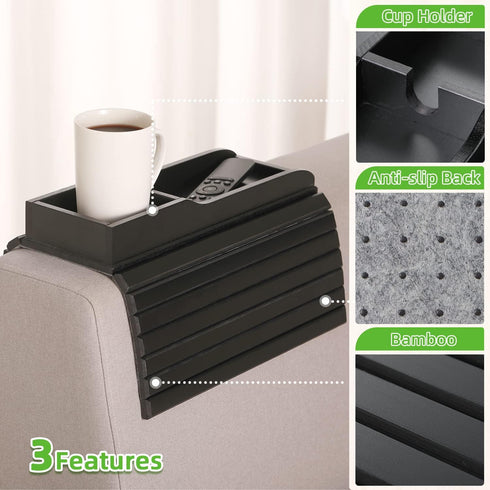 GEHE Natural Bamboo Couch Cup Holder, Anti Falling Armrest Tray for Drinks, Snacks, Remote, and Cellphone