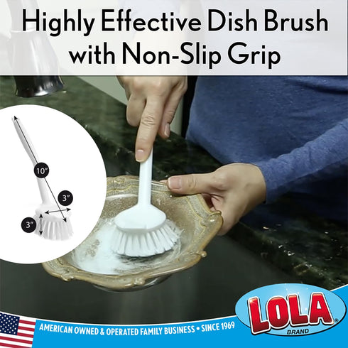 Lola Products Dish Brush w/Scraper, Durable Fiber Non-Scratch Bristles, 1 Pack for Caked-on Messes