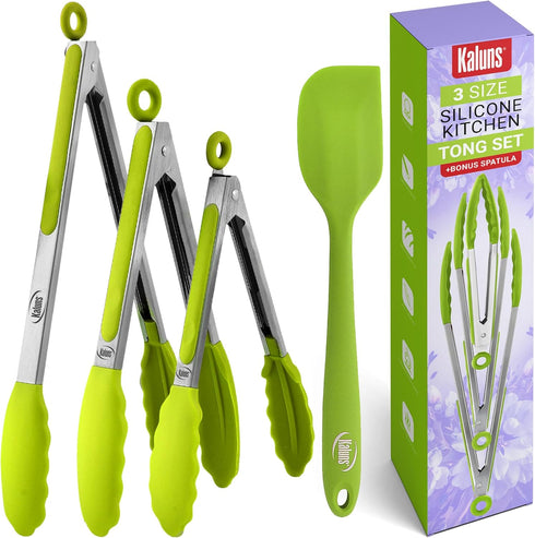Kaluns Kitchen Tongs Set, Non Stick Silicone Tip Stainless Steel Tongs, Includes 7, 9, and 12 Inch Sizes
