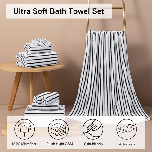 8 Set Sheet-2 Towels,2 Towels,4 Oliven Pcs Black White Cabana Stripe Large Bath Towel Oversize Bath Bathroom Hand