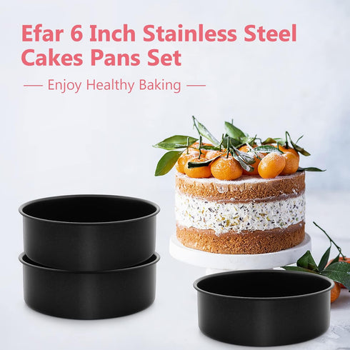 E-far 6 Inch Cake Pan Set of 3, Nonstick Stainless Steel Small Round Cake Pans for Baking Layer Cakes, Non-toxic