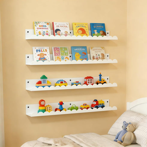 24 Inch Set 4, Nursery Book Shelves of White Metal Floating Shelves for Wall, Scalloped Cloud Book Shelf for Kids Room
