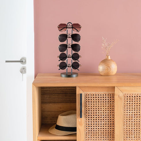 Mkono Sunglasses Organizer Glasses Holder Stand Sunglass Storage Eyeglasses Rack Metal Frame with Wood Base for 5 Pairs of Eyewear Display for Table Desk Countertop Dresser Bedroom, Set of 2, Black