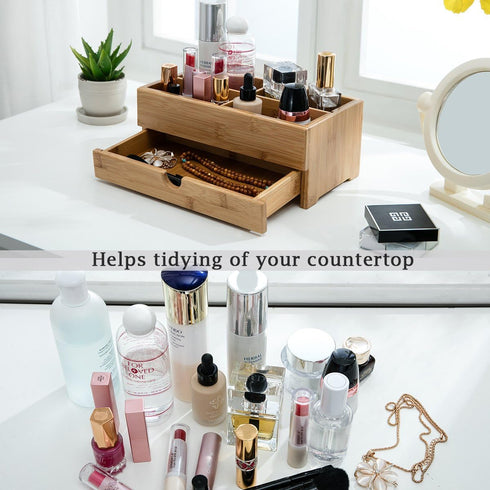 GOBAM Bamboo Wood Makeup Storage Drawer Organizer, Large Capacity Bathroom Beauty Countertop