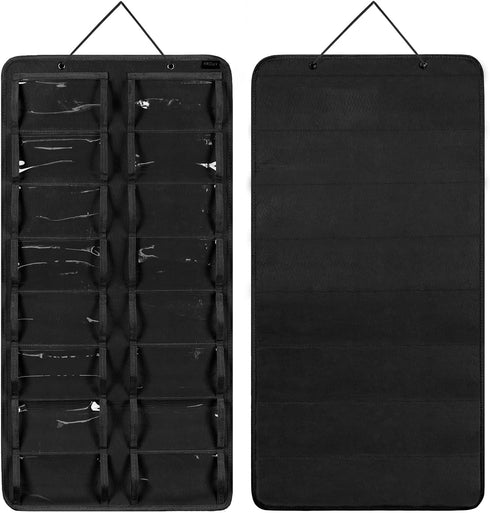 AROUY Sunglasses Organizer with 16 Felt Slots, Dust Proof Wall Pocket Glasses Holder, Black, Sturdy Rope and Metal Hook