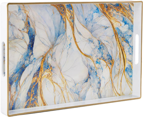 MAONAME Rectangular Decorative Tray, Modern White Serving Tray with Handles, Marbling Plastic