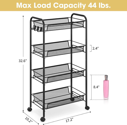 4-Tier 3 TOOLF Rolling Cart, Metal Utility Cart with Hooks, Easy Assemble Mobile Storage Trolley On Wheels, Metal