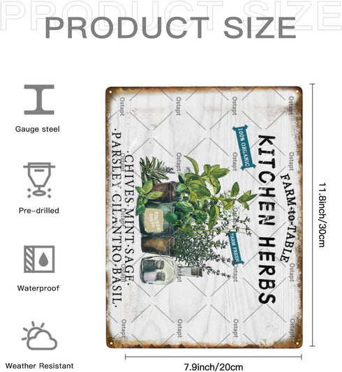 Kitchen Herbs Farm To Table 100% Organic Vintage Metal Tin Sign, Funny Garden Poster 8x12 Inch
