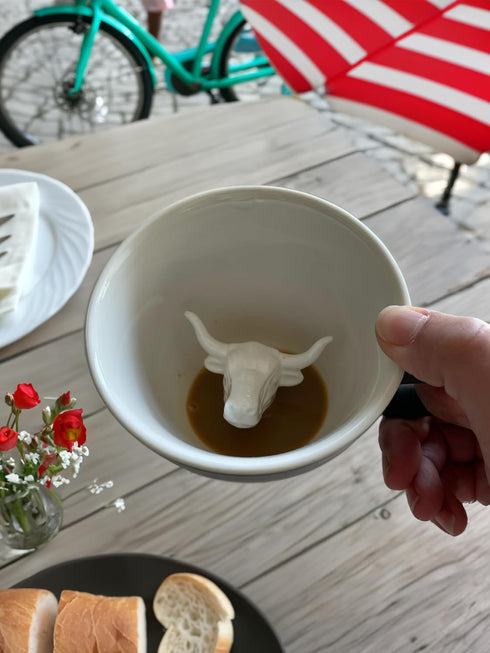 Creature Cups BULL Ceramic Cup, 11 Ounce Matte Olive Brown Exterior, Hidden 3D Animal Inside Mug