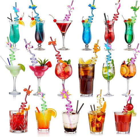 Reusable Dinosaur Party Drinking Straws, Novelty Curly Hard Plastic Straws for Kids Birthday Decorations - Pack of 6