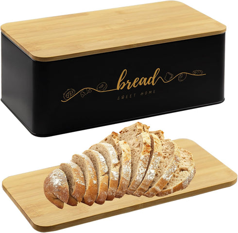 Bread Box with Bamboo Cutting Board Lid, Metal Bread Box for Kitchen