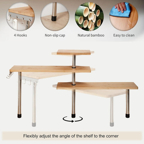 HYNAWIN 3 Tier Corner Shelf, Bamboo & Metal Storage Spice Rack, Adjustable Organizer with Hooks