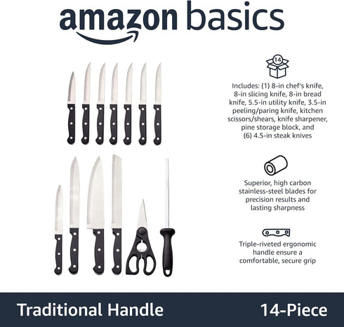 14-Piece Set Amazon Basics High Carbon Stainless Steel Kitchen Knife with Full Tang Construction, Ergonomic Handles