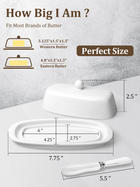 Yedio Ceramic Butter Dish with Lid and Knife, 8 Inch White Butter Holder for Countertop Refrigerator