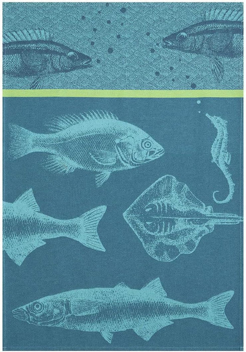 French Cotton Jacquard Towel - Banc De Poissons (School of Fish) Bleu, 20" x 30", Turquoise