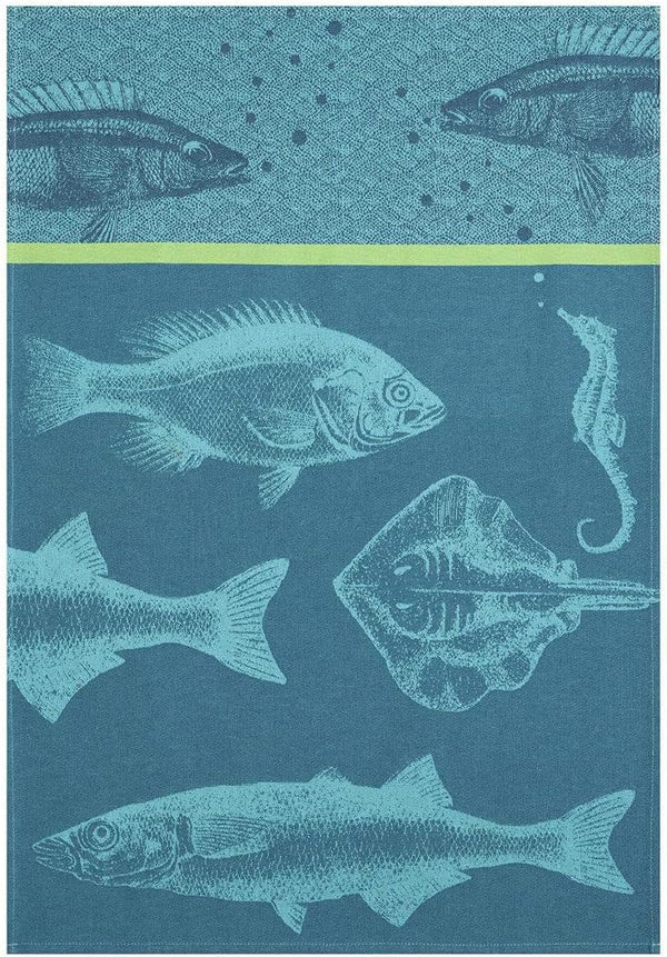 French Cotton Jacquard Towel - Banc De Poissons (School of Fish) Bleu, 20" x 30", Turquoise