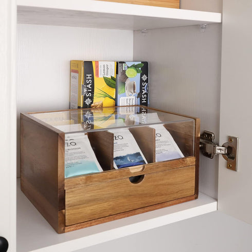 2 9 HTB Large Tea Organizer Tier with Drawer, Tea Bag Organizer with Acrylic Transparent Hinged Lid, Compartments