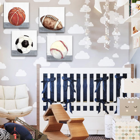 12x12" 4 Boys Room Wall Decor Sports Decor for Boys Bedroom Rustic Soccer Football Baseball Basketball Canvas Pictures