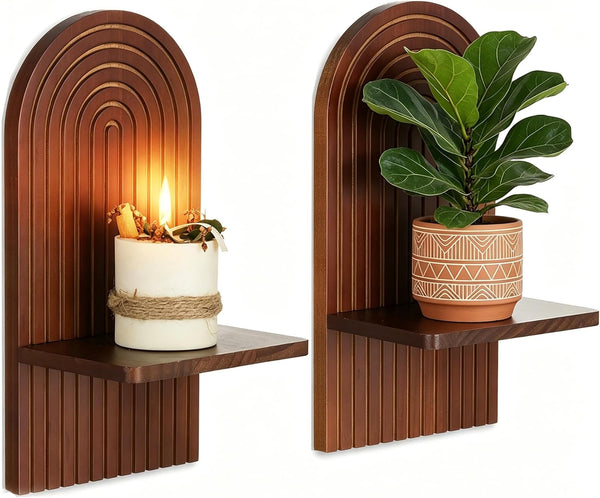 Mid Century Modern Candle Sconces: Set of 2 Walnut Boho Wall Candle