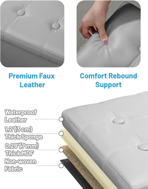 16 inch AmasSmile Storage Ottoman Folding Foot Rest Stool with Side Pocket, Leather Footstool Bench, Short Ottoman