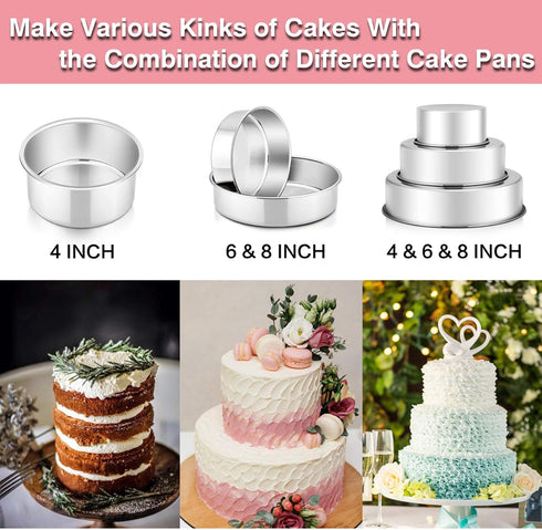 P&P CHEF Cake Pan Set of 3, 4" + 6" + 8" Round Baking Layer Pans, Stainless Steel Bakeware for Birthday