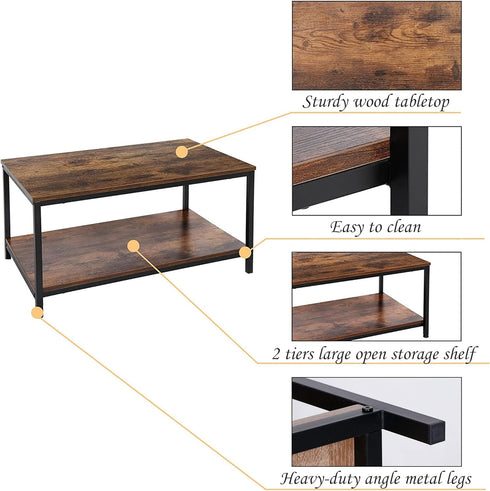 2-Tier SUPER DEAL Industrial Coffee Table with Storage Shelf for Small Apartment Living Room, Rectangle Wood and Stable