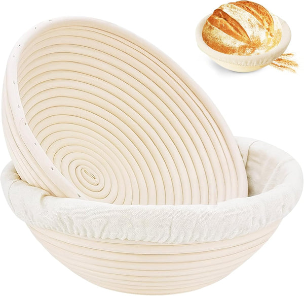 Banneton Bread Proofing Basket Set of 2, 9 inch Round Sourdough Proofing Bowls, Handmade Rattan Baskets and Liners