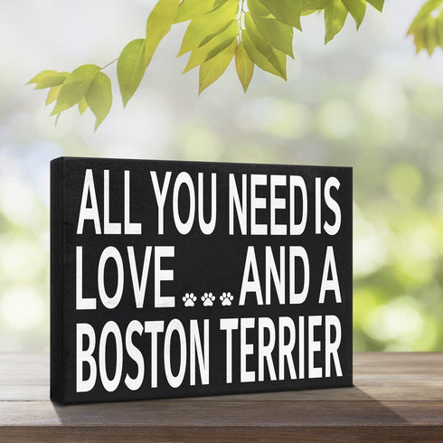 JennyGems Gift for Boston Terrier Lovers, All You Need Is Love Wooden Sign, 8x6x1.5 Inches, Dog Lover Decor