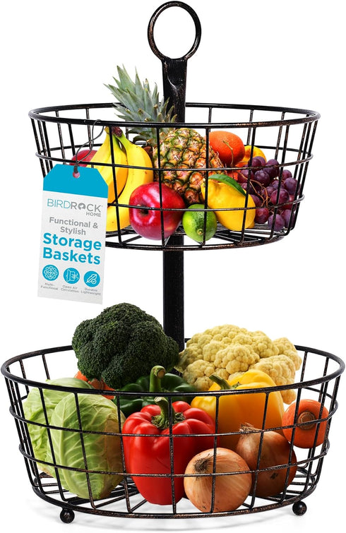 BIRDROCK HOME 2 Tier Wire Fruit Basket | Round Metal Standing Baskets | Freestanding Rustic Decorative Caddy