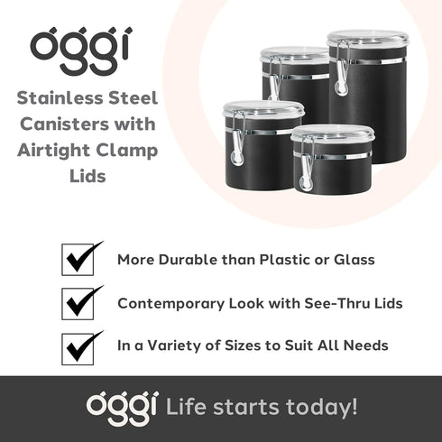 62 oz, 5" 7.5". Oggi Stainless Steel Kitchen Canister fl Black - Airtight Clamp Lid, Clear See-Thru Top - Ideal