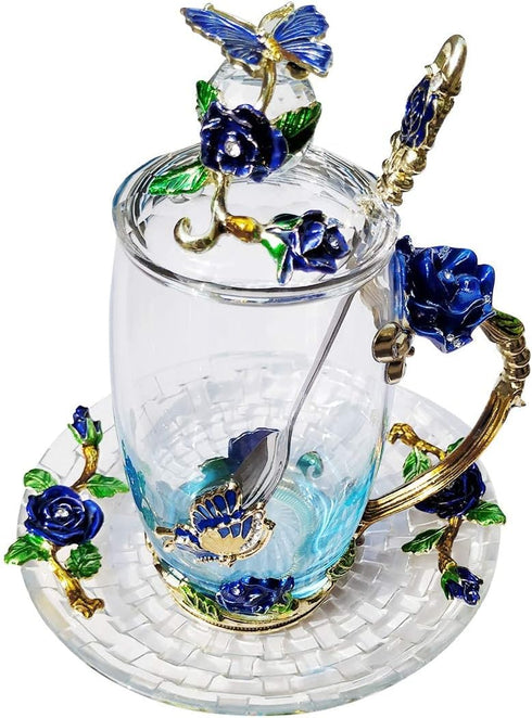 Glass Coffee Mug, Antique Birthday Christmas Gift for Women, Mom, Sister, Girlfriend, Flower Butterfly Cup (Tall Blue)