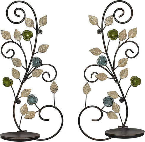 JUCONSIN Set 2, Wall Sconces Candle Holder of Antique White Leaf and Multi-Color Flower Branch Wall Mount Hanging Metal