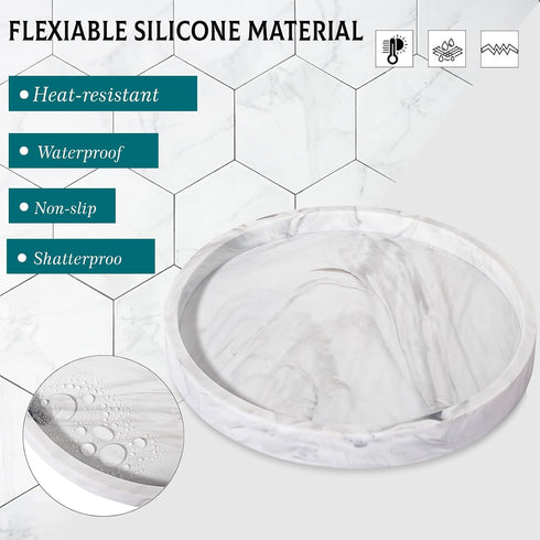 9" Round Bathroom Tray, Decorative Silicone Vanity Tray for Kitchen Countertop Organizer, Marble Grey Decor