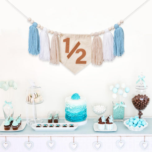 Dokuna 1/2 Half Birthday High Chair Banner - Boys Half Birthday Party Decorations Photo Backdrop, Half Way to One