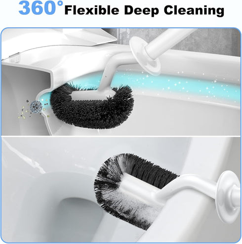 Set: 3 Pack HAMITOR Toilet Bowl Brush Holder Curved Design with Holder for Deep Cleaning Under Rim - Compact Hidden